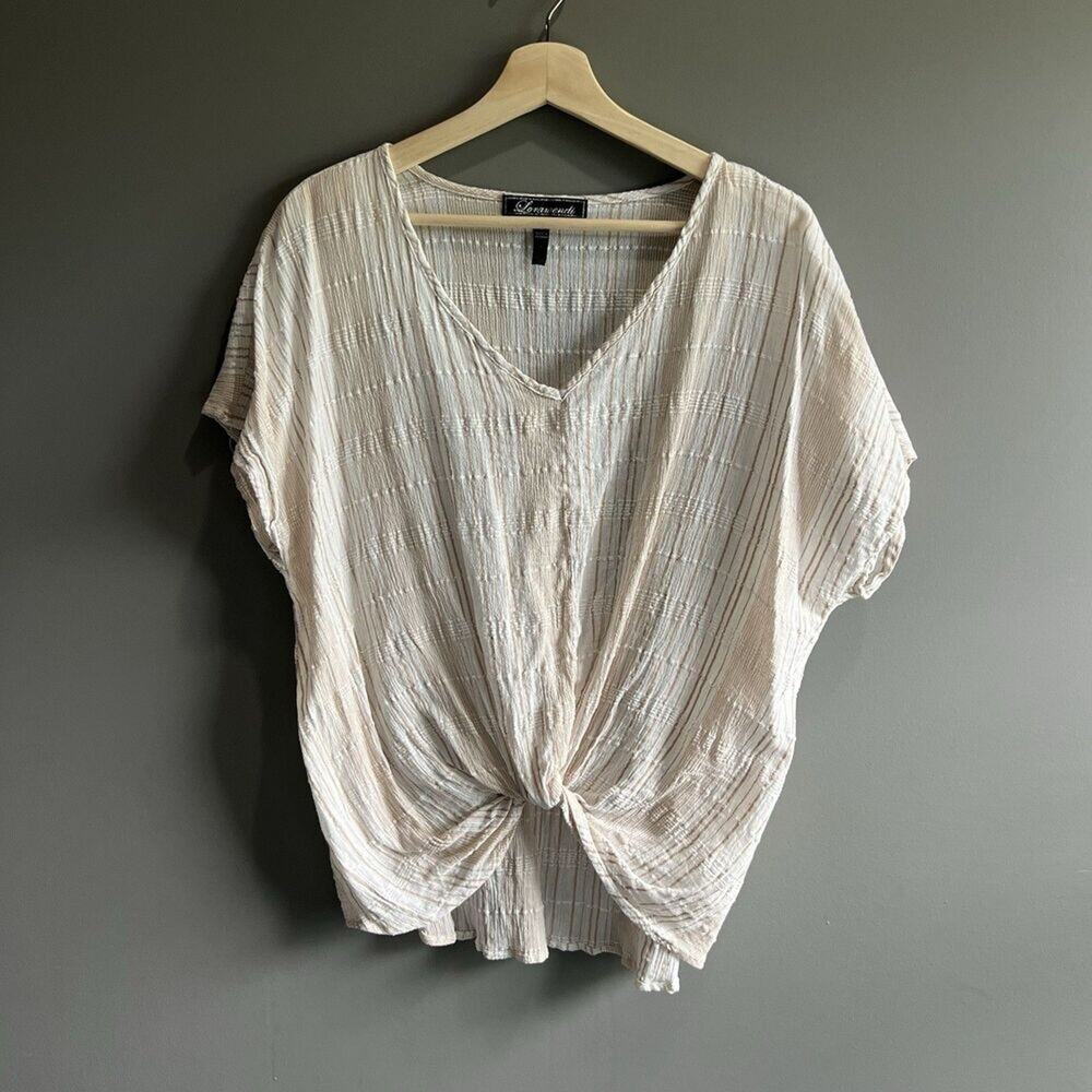 Women’s Cotton White & Tan  Blouse With Tie Front Size X-Large